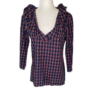 Devon Baer Navy & Red Plaid Leopard Ruffle Blouse - S